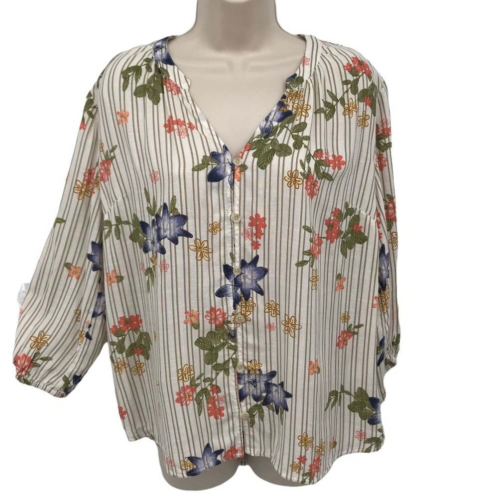 Sonoma Womens Cream Floral Print Button Front 3/4 Sleeve Blouse Tops Size Medium